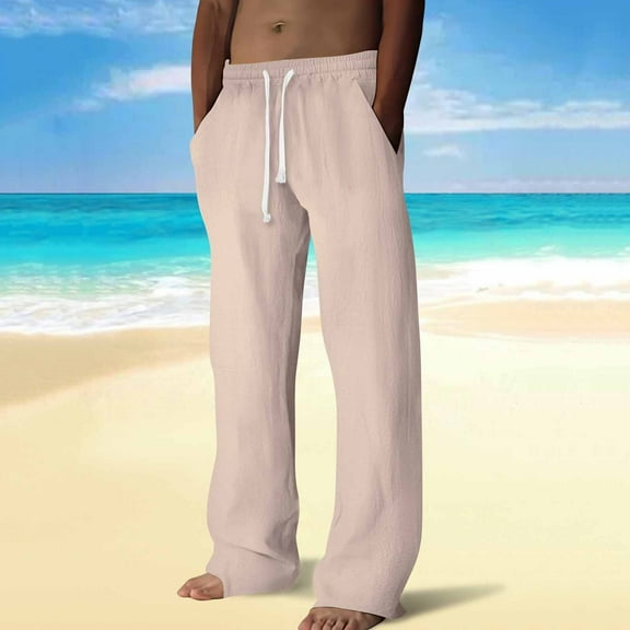 Yusimy Men's Cotton-Linen Casual Pants Relaxed Fit Drawstring Waist Breathable Straight Leg Multiple Pockets Casual Style