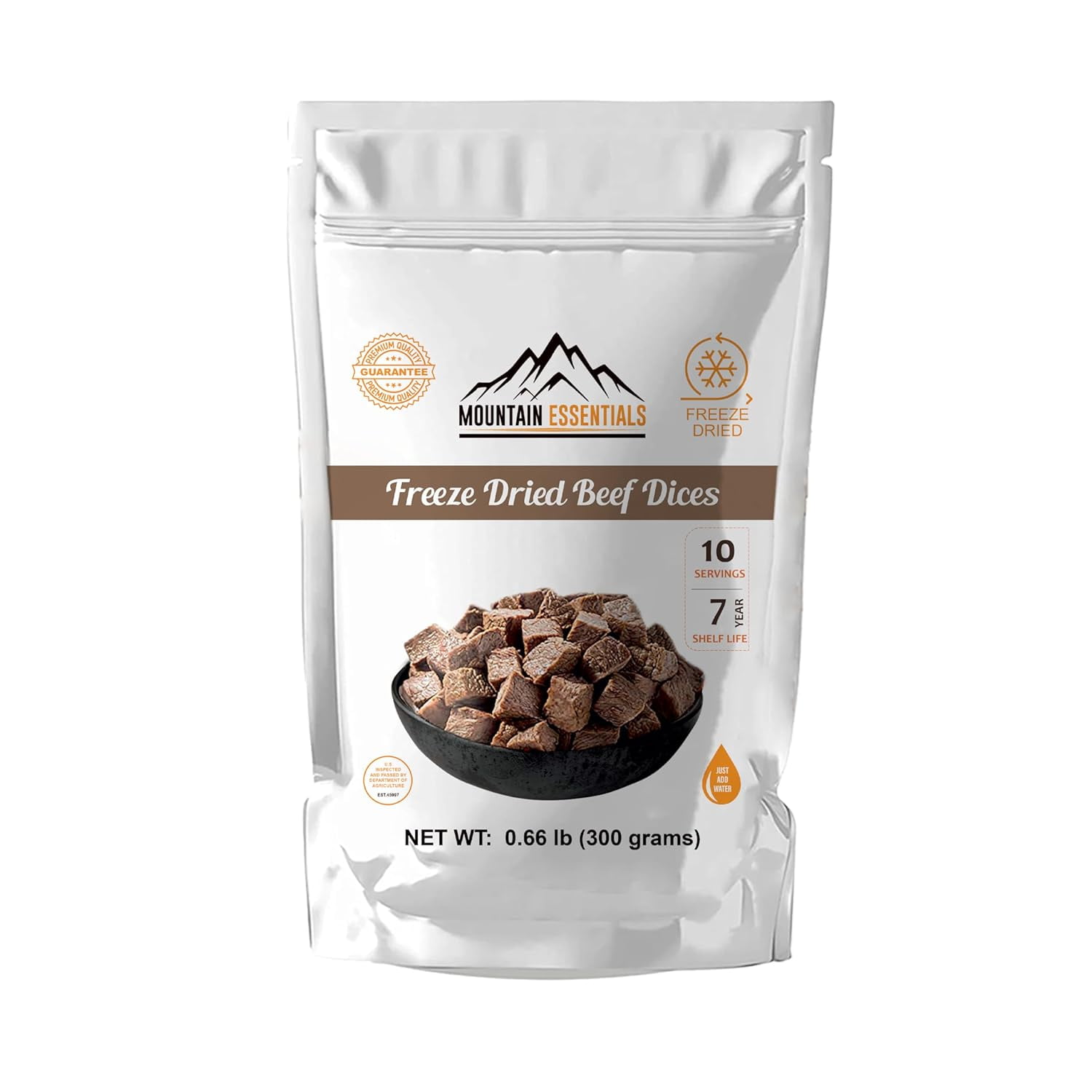 (Pack of 6) Mountain Essentials Freeze Dried Beef Dices Protein Packed Meal (300g Pouch)| Emergency Long Term Supply | Hiking, Backpacking & Camping | Easy Prep Survival Food ✅