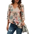 thumbnail image 2 of Franhais Women Summer  Blouse Chiffon Floral/Leopard Print Vintage V-Neck 3/4 Flared Sleeve Loose Tops, 2 of 5