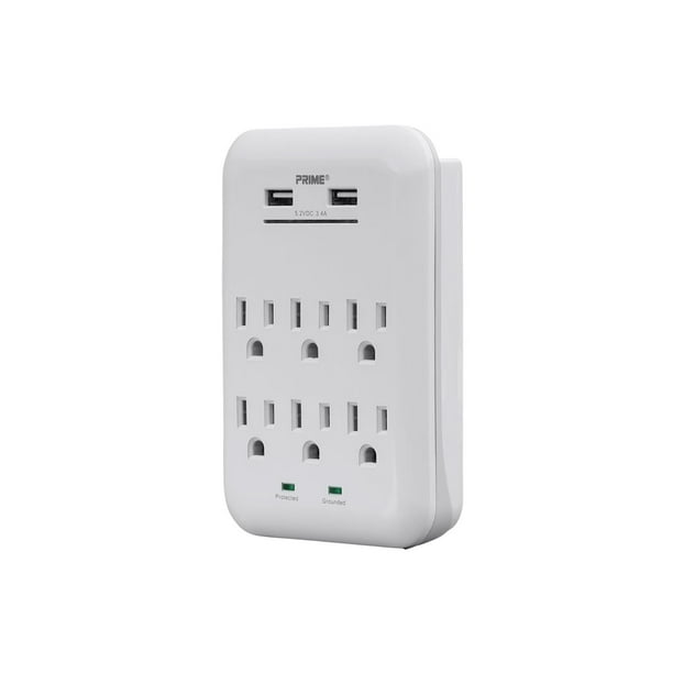 Monoprice Power & Surge 6 Outlet Power Surge Protector Wall Tap With 2 Built In 3.4A USB Ports