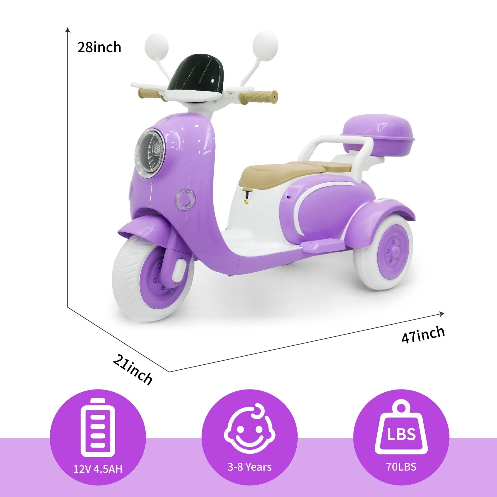 BKIRNP 12V Kids Electric Motorcycle Battery 3-Wheeler Tricycle w/Bluetooth Music LED Storage Box