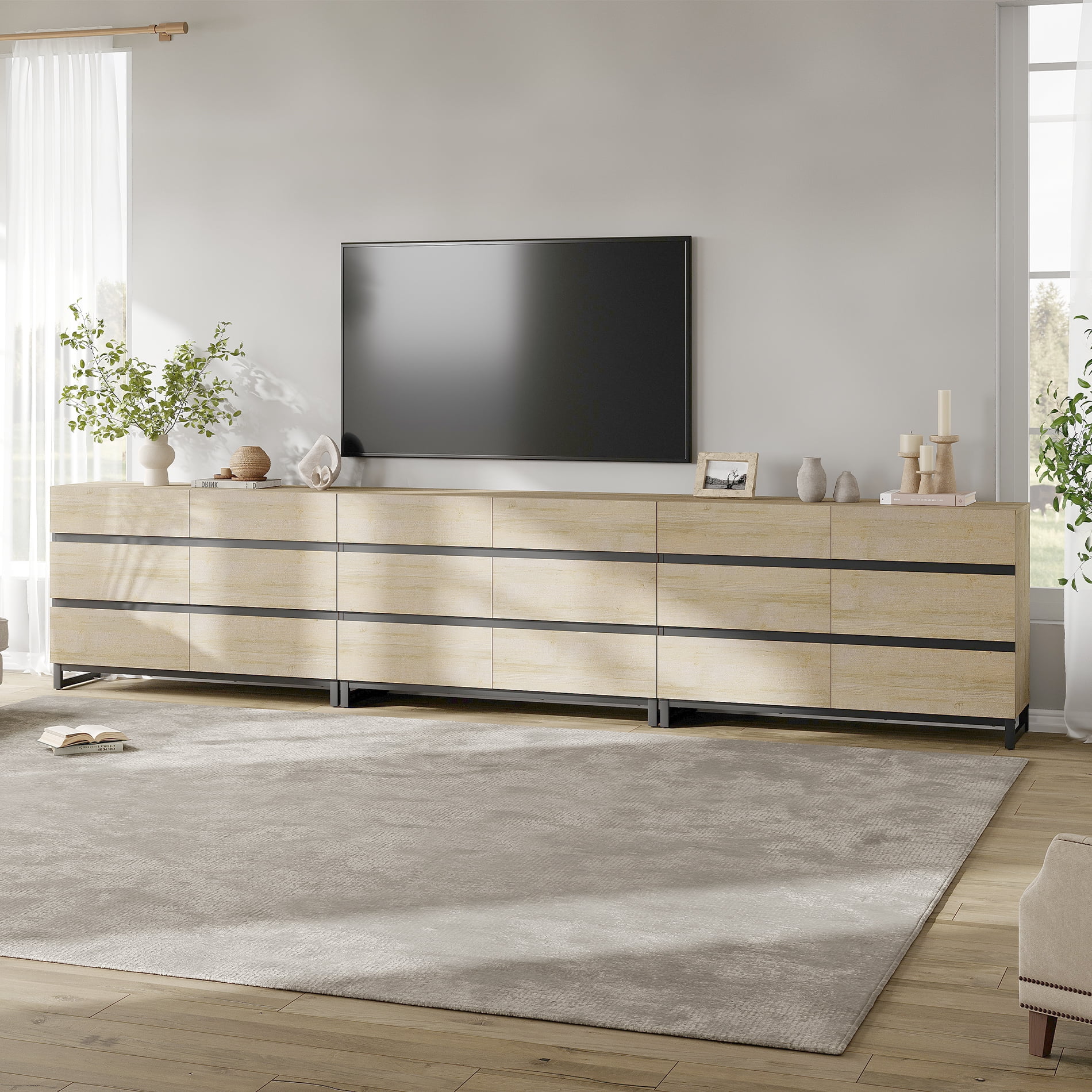 WAMPAT 18-Drawer TV Stand, Modern Extra Large Media Console with Metal Base, Wooden Entertainment Center Fits 120 Inch TV for Bedroom Living Room, Beige