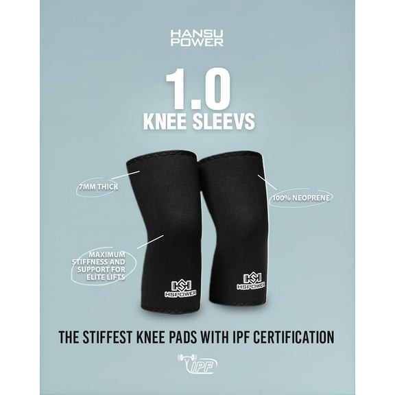HANSU POWERLIFTING KNEE SLEEVES, 7MM NEOPRENE STIFF KNEE PAD FOR SQUAT