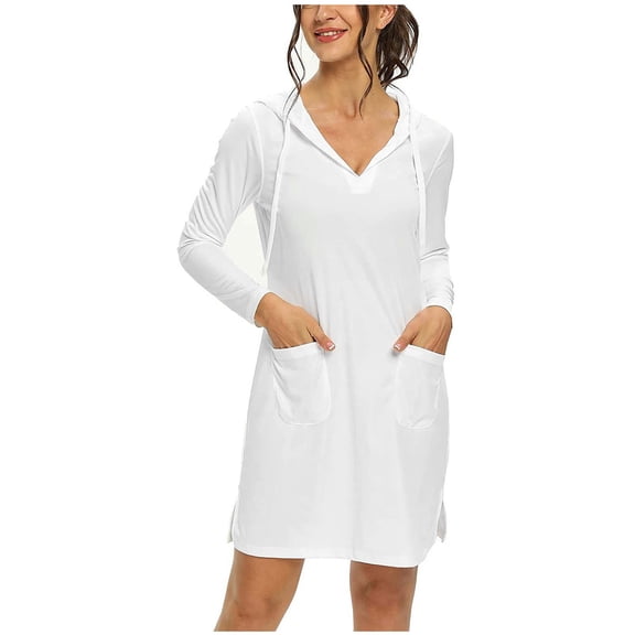 ZHOGXU Women's Hooded Dress Long Sleeve Drawstring Solid Color Fashion Comfortable Loose Fit Dresses With Pockets For Casual Daily Wear,White,L