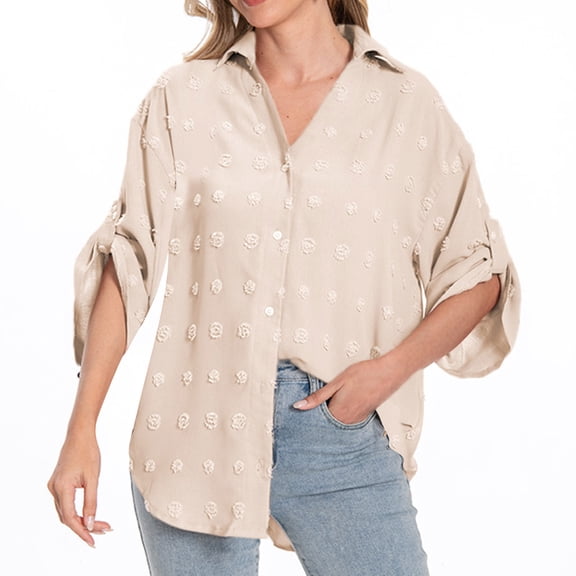 Lenpel Button down Shirts for Women Cotton 3/4 Sleeve Collared Curved Hem Embroidered Oversized Tunic Tops Loose Fit Blouses