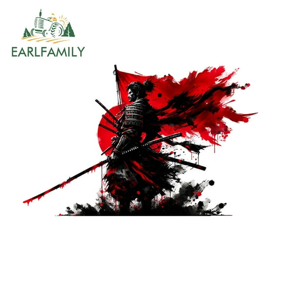 EARLFAMILY 5.1 Inch Samurai with Red Sun Car Stickers Waterproof Scratch-Proof Vinyl Decal Suitable for Motorcycle Rear Windshield Luggage Bumper Trunk