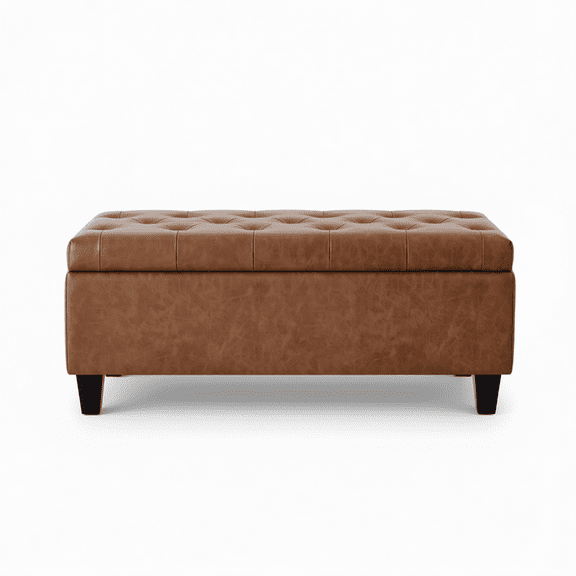 Redlife 42" Faux Leather Storage Ottoman Bench with Solid Wood Legs, Button Tufted Design, Modern Accent for Bedroom, Living Room or Entryway – Brown