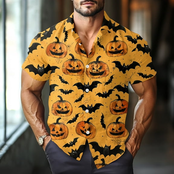 Halloween Button Down Shirt for Men Short Sleeve Regular Bat Pumpkin Print Collared Summer Holiday Fashion Shirts