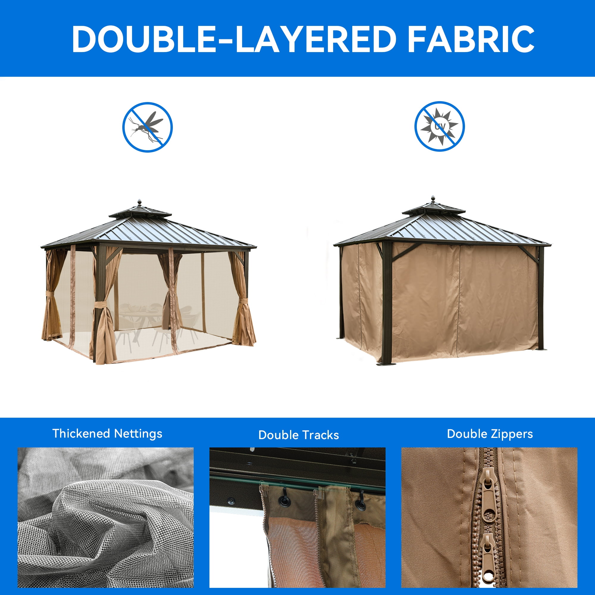 Dextrus 10x10ft Hardtop Gazebo with Nettings and Curtains, Heavy Duty Double Roof Galvanized Steel Outdoor Combined of Horizontal Vertical Stripes Roof for Patio, Backyard, Deck, Lawn (Bronze)
