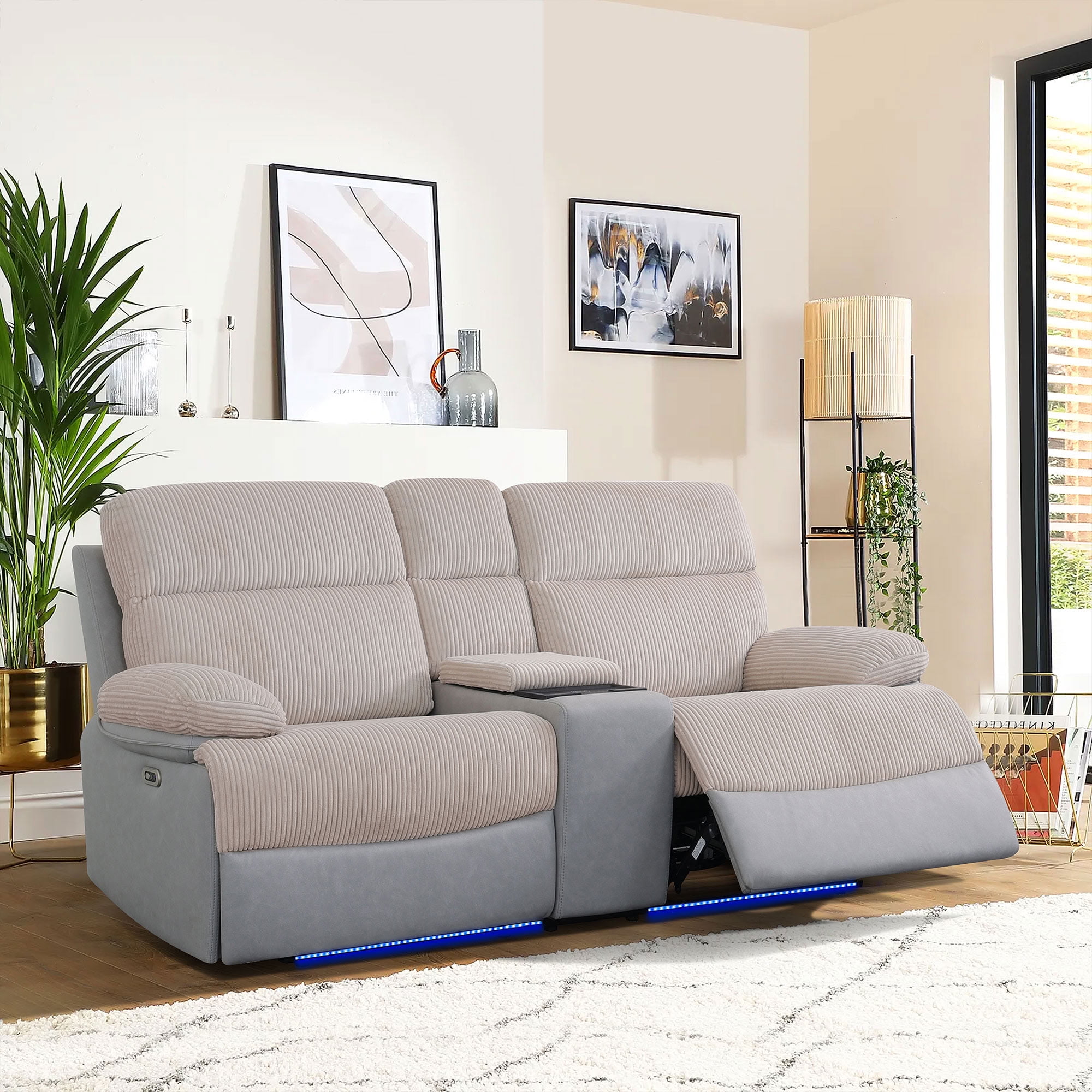 MAYEERTY Intelligent 2-Seater Recliner Loveseat Sofa, Stain-Resistant Fabric with Storage & USB for Couple Spaces, Living Room