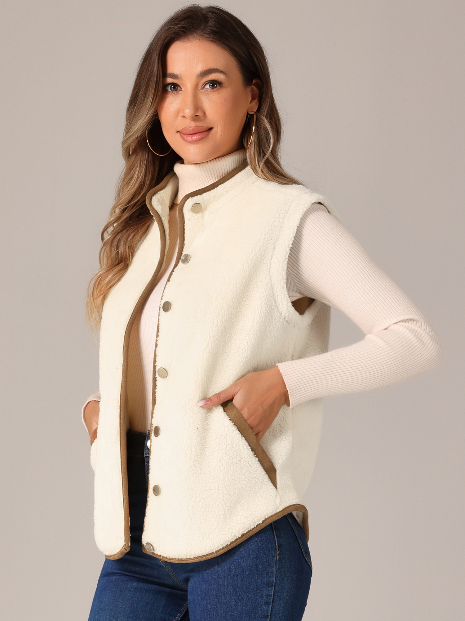 DARING DIVA Women's Fleece Button Down Jacket with Pockets Oversized Fuzzy Vests S Apricot Brown