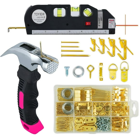 TOYIEW Picture Hanging Kit Tool, 352pcs Hanging Hardware with Heavy Duty Frame Hooks, Wire, Nails, D Rings, Photo Sawtooth Hangers, Wall Art Hanging Kit with Laser Level, Pink Claw Hammer