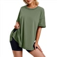 thumbnail image 2 of Camiseta Holgada de Algodón de Color Liso con Cuello Redondo y Aberturas Laterales, Talla XXL, Verde Oscuro, 2 of 6