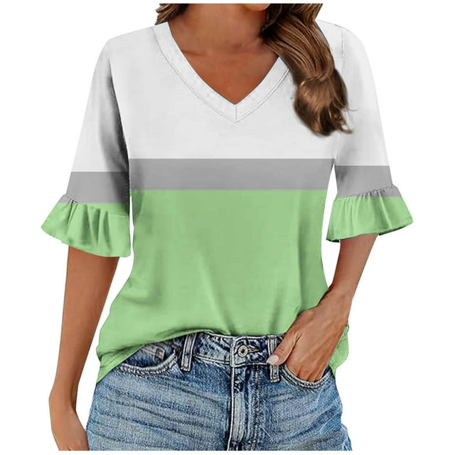 Lenpel Women's Summer Tops Spring Ruffle 3/4 Length Sleeve V Neck Color Block Casual T Shirts Loose Tunic Tee Blouses