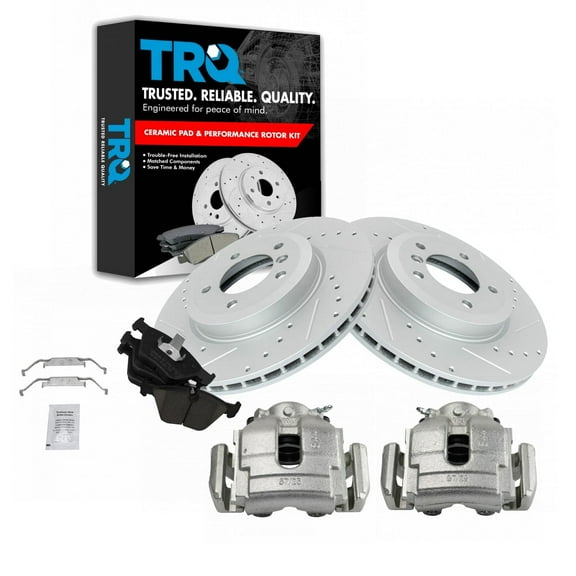 TRQ Front Performance Brake Pad & Rotor Kit Brake Caliper Brake Pads Brake Rotors Set Ceramic Fits Select 2001-2006 BMW 330Ci 2001-2005 330i 330xi