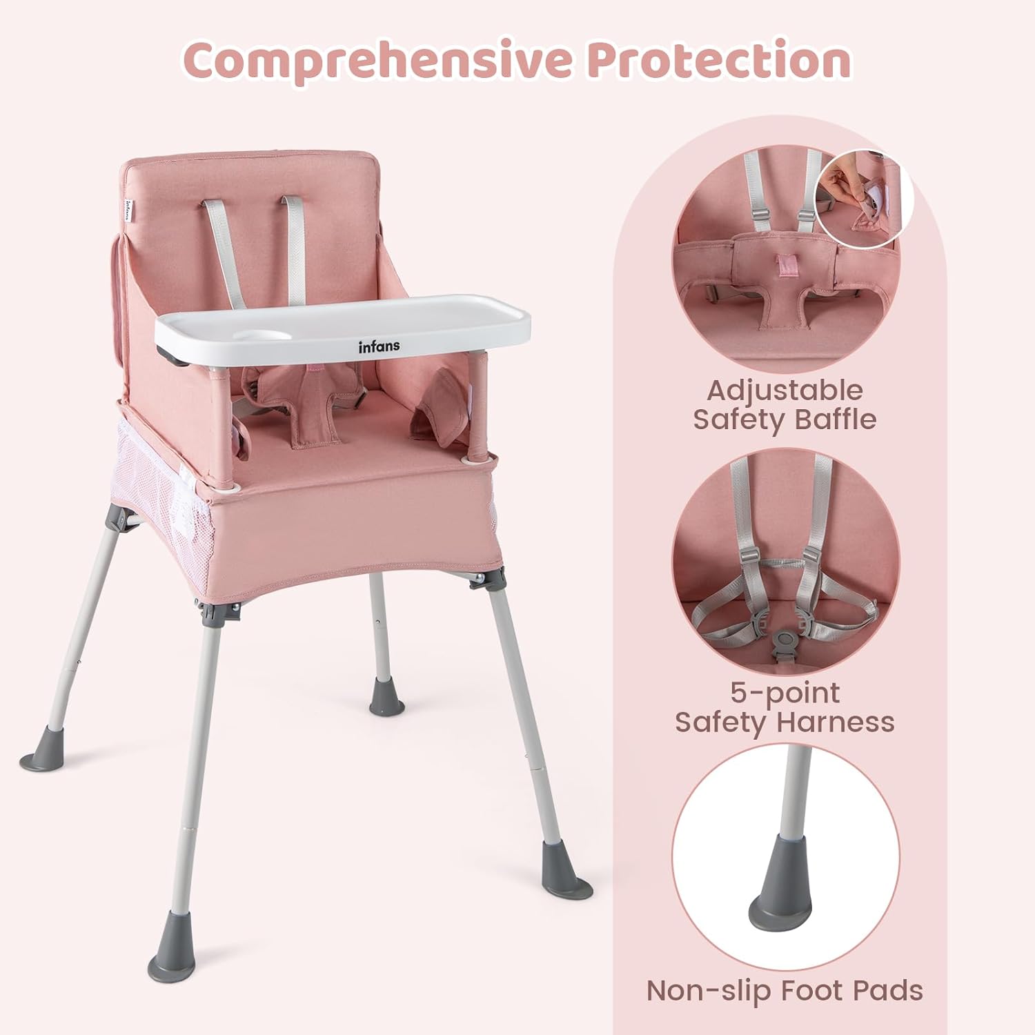 INFANS Baby High Chair, Foldable Portable Highchair for Babies and Toddlers with Travel Bag Adjustable Tray, 5 Point Harness, Compact Space Saver Infant Feeding Chair for Age 6-36 Months