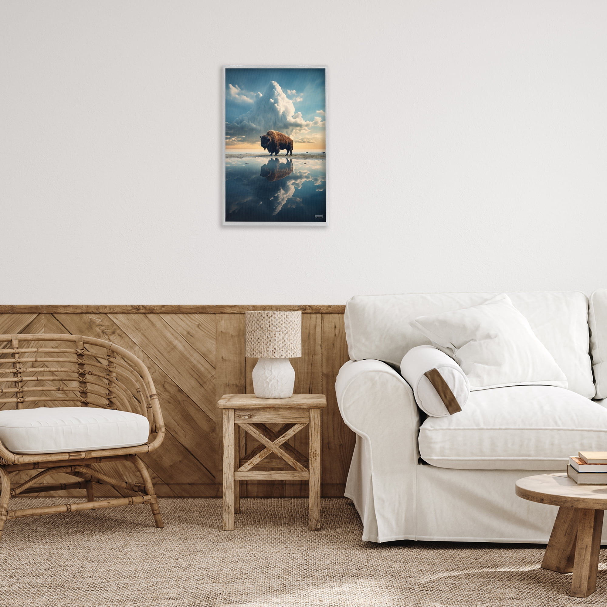 Stupell Industries Bison & Reflective Clouds Landscape Painting Gray Framed Art Print Wall Art, 16 x 24