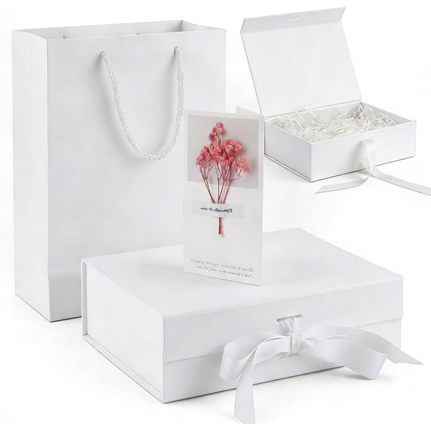 Juego de Cajas de Regalo con Cierre Magnético, 38x28x12 CM, para San Valentín, Navidad, Bodas, Cumpleaños, Aniversario -Bolsa de Regalo + Cinta + Tarjeta de Felicitación + Rafia (Blanco)