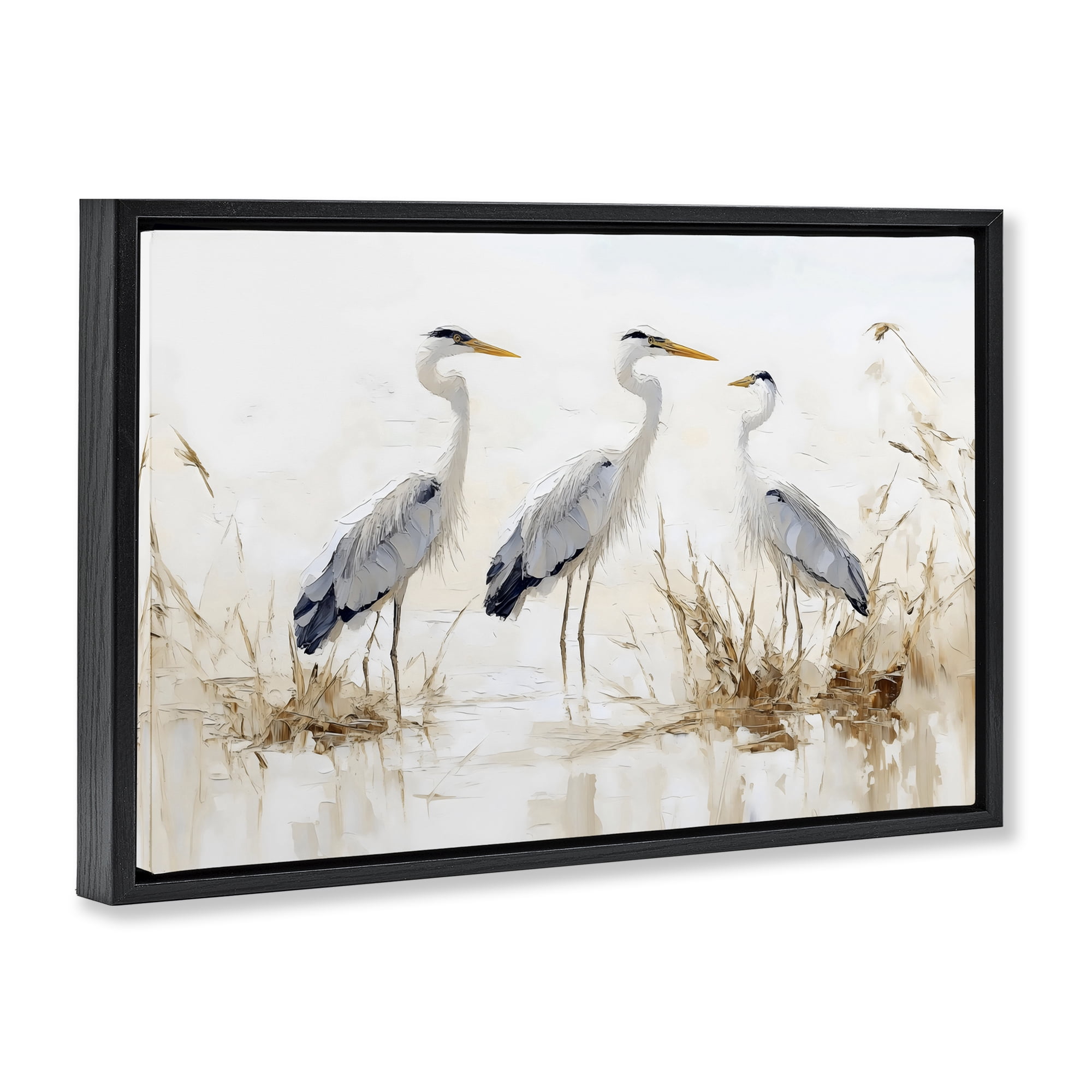 Stupell Industries Neutral Blue Herons in Reeds Black Framed Floater Canvas Wall Art, design by LSR Design Studio
