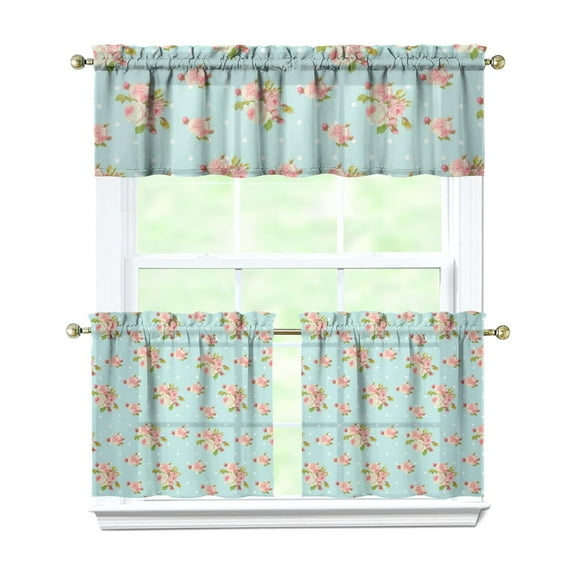 Pioneer Kitchen Curtains and Valance Set 24 Inch Tier Small Roses Curtains Small Drapes for Cafe Living Room Bathroom Farmhouse 3 Pieces Set Rod Pocket