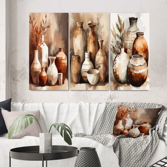 Designart "Earthen Elegant Vase Brown And Cream III" Boho Pottery Wall Art Set Of 3 - Brown Boho Pottery Gallery Wall Set For Home Decor