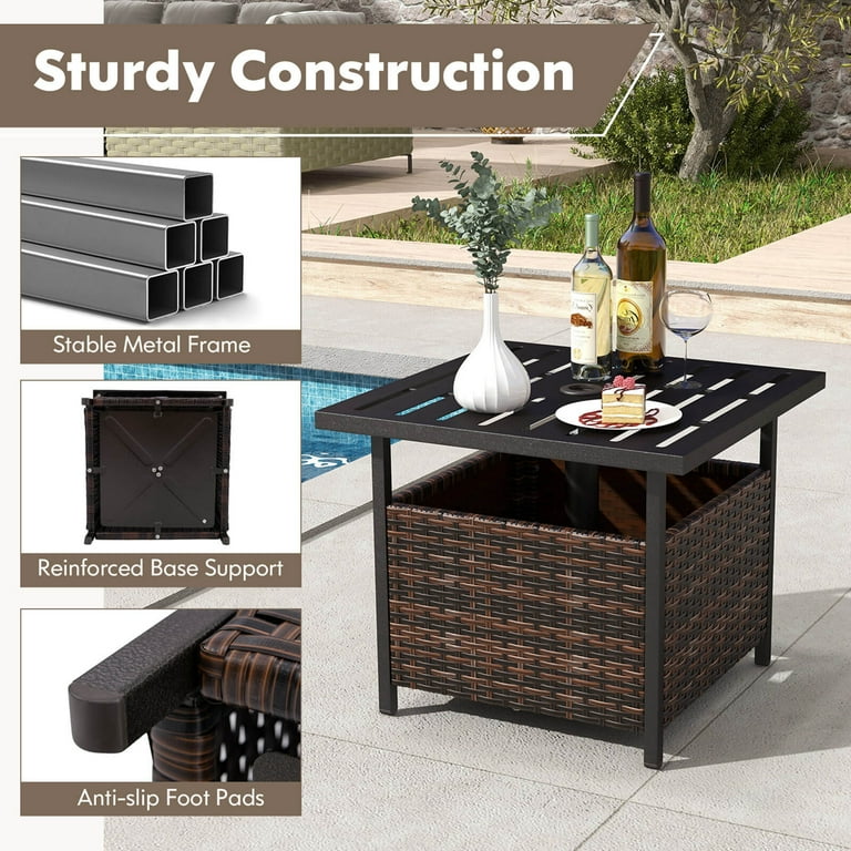 Costway Brown Rattan Wicker Steel Side Table with Umbrella
