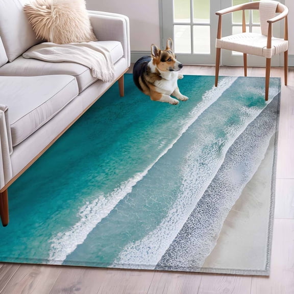 Rectangle Area Rugs 3 x 5 Ft, Dark Teal Beach Non-Slip Residential Carpet, Summer Sea Waves Coastal Nautical Indoor Crawling Mats Runner Rugs for Living Room/Dining Room/Bedroom