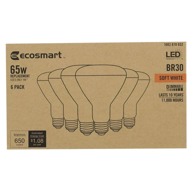 EcoSmart 65-Watt Equivalent BR30 Dimmable LED Light Bulb Soft White (6-Pack)