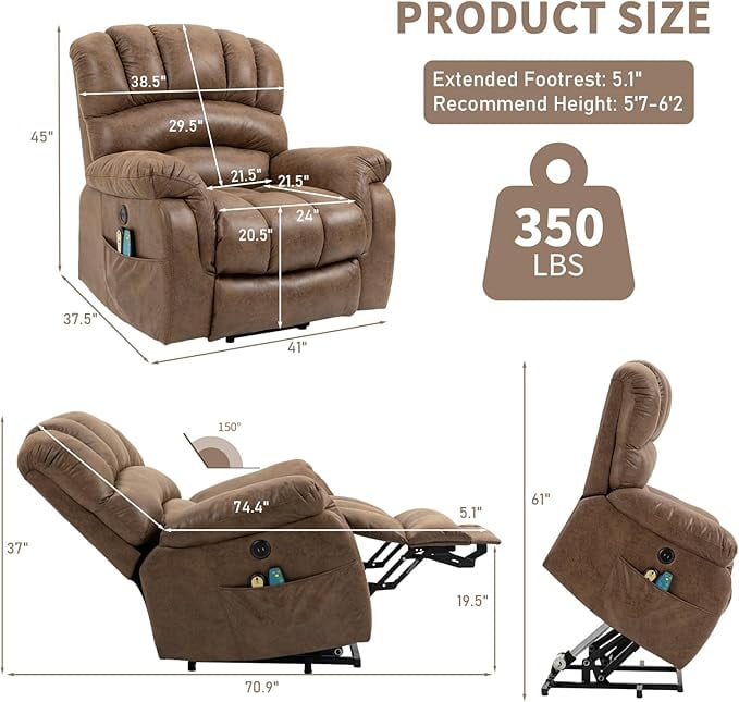 EPICOZY Large Power Lift Recliner Chair with Extended Footrest for Elderly Big Tall Man, Overstuffed Heated Massage Wide Electric Recliners with 2 Remote Controls, Side Packets & USB Ports, Brown