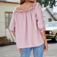 thumbnail image 4 of Blusa femenina de media manga con ribete de encaje, jersey holgado de color rosa con diseño calado, talla L, 4 of 6