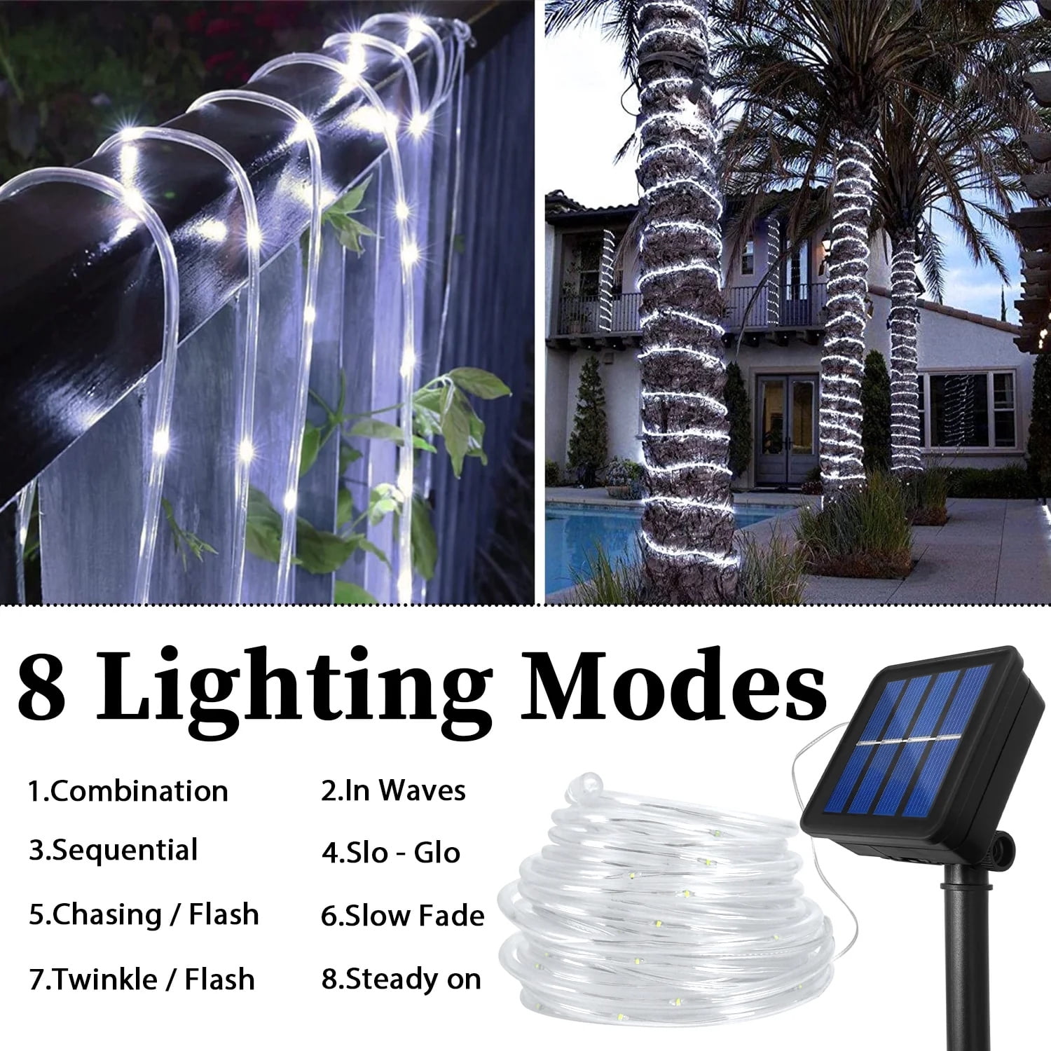 JOPESO Solar Rope Lights Outdoor Waterproof 39FT 100LED Solar String Lights 8 Modes Clear Tube Hanging Lights Clearance for Christmas Decorations