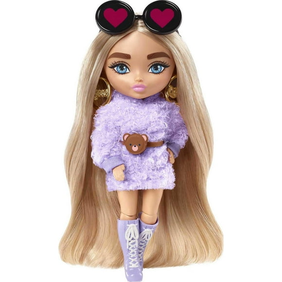 Barbie Extra Minis Doll #4 (5.5 in) Wearing Fluffy Purple Fashion, with Doll Stand & Accessories Including Teddy Ears and Sunglasses, Gift for Kids 3 Years Old & Up​
