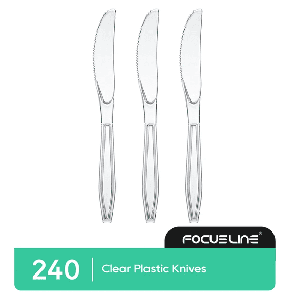 FOCUSLINE 240 Count Clear Plastic Knives Heavy Duty, 7.7" Heat Resistant Solid and Durable Plastic Knives Disposable, Disposable Bulk Cutlery Suitable for Parties Supply Events Everyday Use