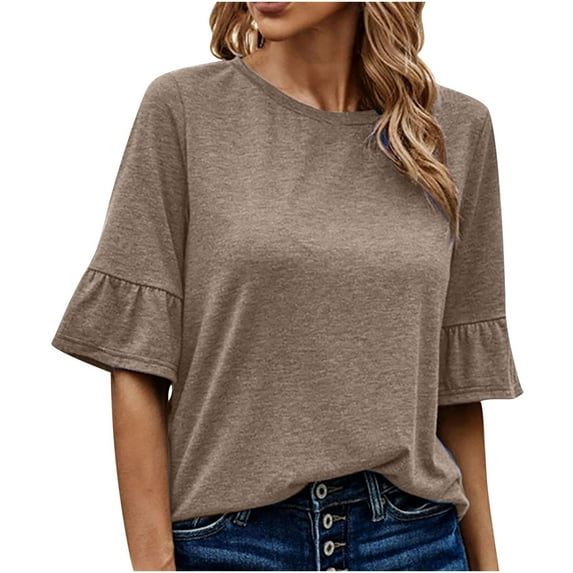 DTBPRQ Women's Plus Size Tops Short Sleeve Solid Color Casual T Shirts Summer Ruffle Plain Round Neck Loose Fit Tee Blouse Tops