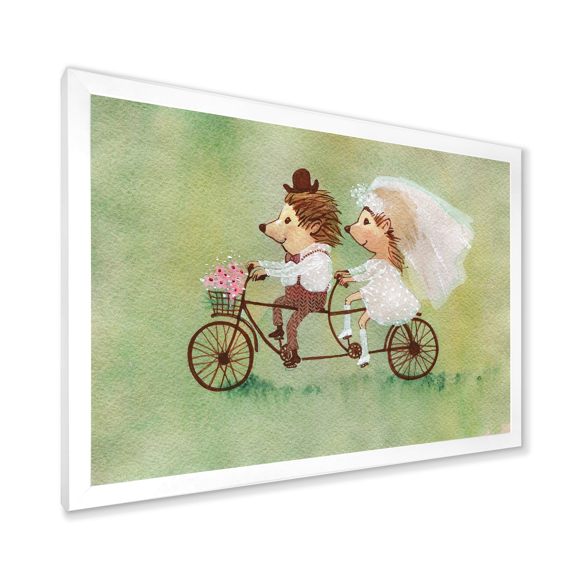 Designart 'Wedding Couple of Hedgehogs Riding A Bike' Traditional Framed Art Print