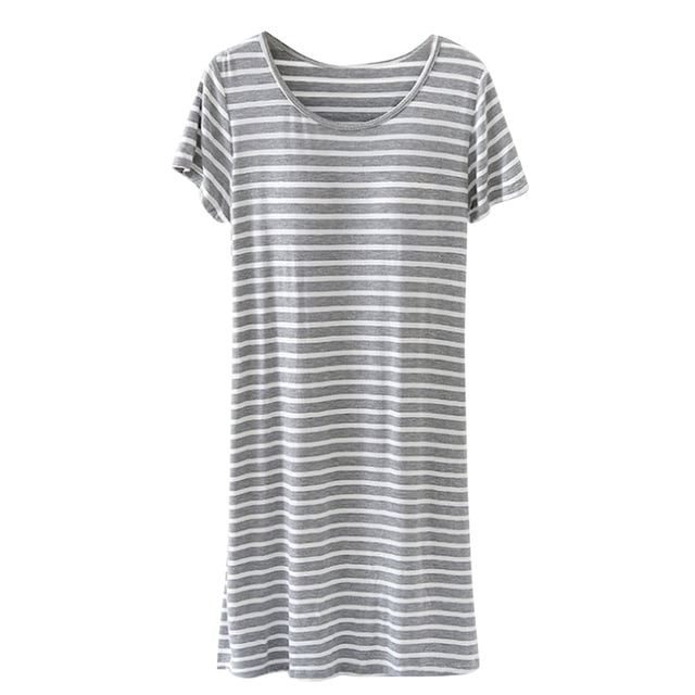Tnhcen Robe de Pyjama à Rayures en Modal pour Femme avec Coussinets de Soutien-Gorge Intégrés - Vêtement de Nuit Doux et Confortable Col Ras du Cou Manches Courtes Tissu Extensible Facile d'Entretien Tenue Décontractée à la Maison M-3TG