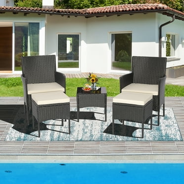 Costway 5 Piece Pe Rattan Outdoor Patio Bar Set with Ottoman, Black/Beige