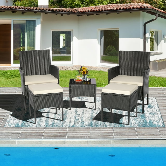 Costway Ensemble de Mobilier de Terrasse en Rotin 5 Pcs Canapé Coussiné Ottoman Accoudoir Table d'Appoint Jardin