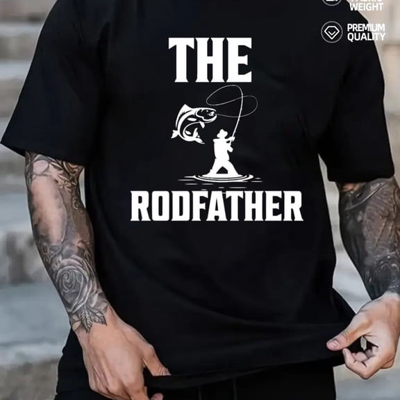 180g T-Shirt for Men Funny Grandpa Casual Short Sleeve Gift - Men's Funny Fishing Rodfather T 60th Gift with Angler Design