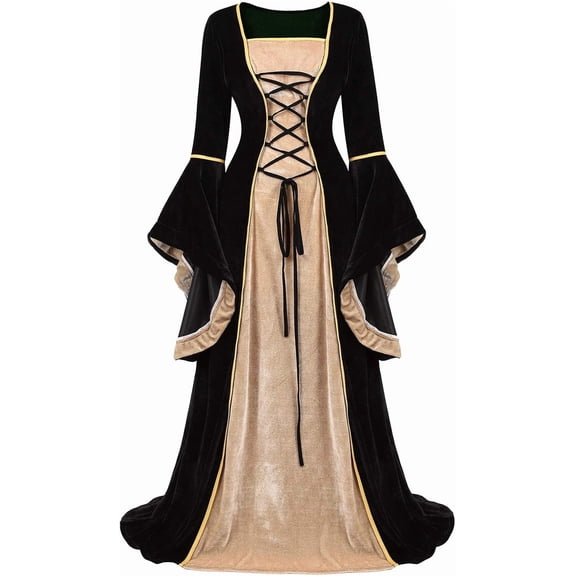 Medieval Fairy Corset Dress Bell Sleeve Maxi Dress Vintage Robe Gothic Gown, Halloween Costumes for Women