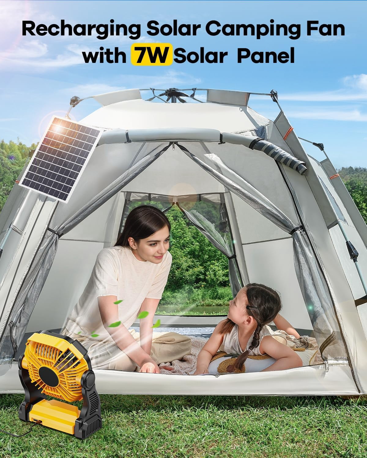 10400mAh Solar Fan, Camping Fan with 7W Solar Panel, Rechargeable Solar Powered Fan with LED Lantern,Portable Battery Operated Fan for Travel Picnic, Barbecue, Fishing,Outdoor＆Indoor