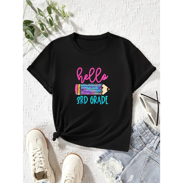 HELLO 3RD GRADE Print, Girl's Casual Comfy Round Neck Short Sleeve T-shirt For Daily And Outdoor Wear