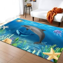 Cute 3D Dolphin Fish Area Rug, Modern Blue Dolphin Jellyfish Print Rug,Ocean Seaweed Coral Starfish Theme Decor Carpet For Living Room Bedroom Nursery Washable Summer Home Decor-3x5ft