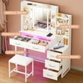 thumbnail image 2 of TOMNK White Vanity Desk with Stool, Mirror, LED Lights, Glass Top, RGB Drawers, Wireless Charging, 43" Wide, 2 of 7