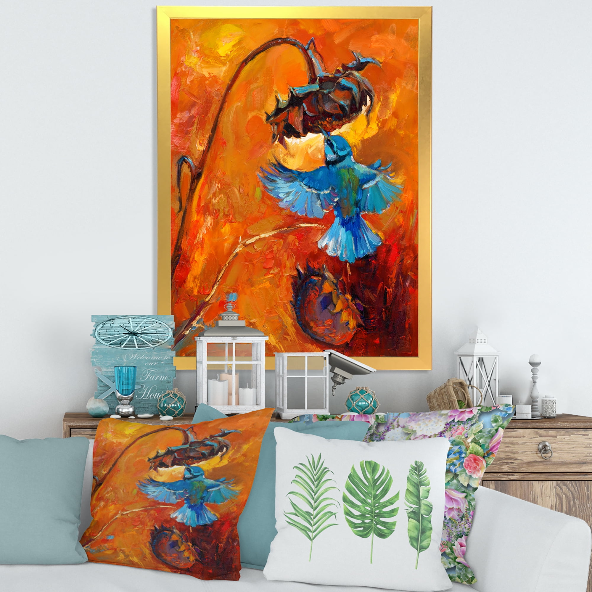 Designart 'Blue Hummingbird On Orange Sunflower' Traditional Framed Art Print
