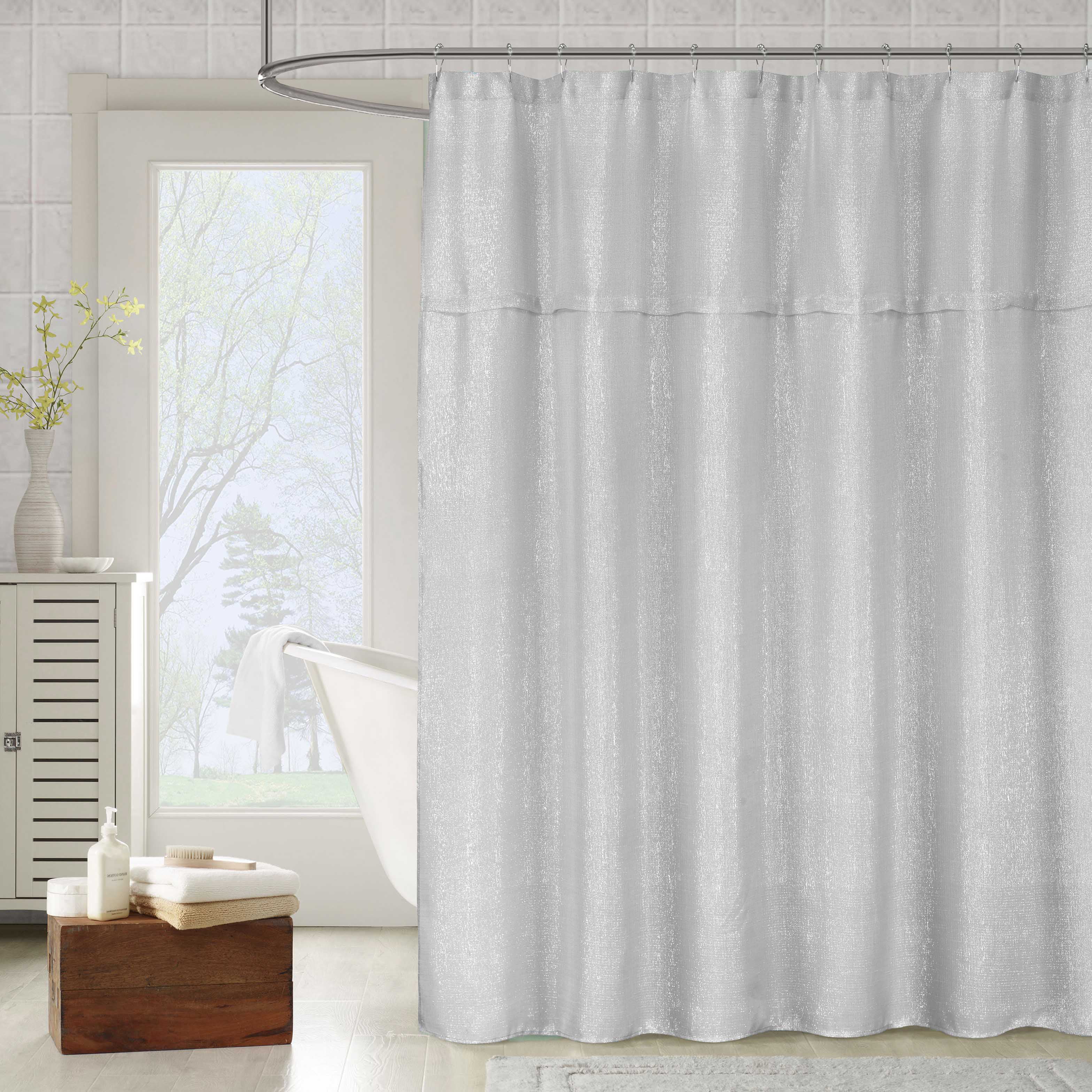  Metallic  Silver Gray Fabric Shower Curtain  Textured Sheer 