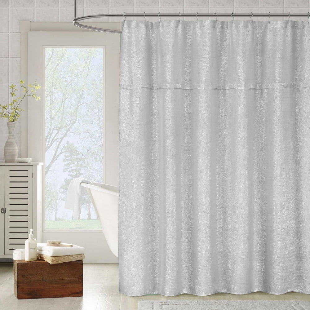 Metallic Silver Gray Fabric Shower Curtain Textured Sheer Fabric, 70"W