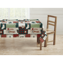 Kate Aurora Holiday Living Plaid Country Farmhouse Merry Christmas Fabric Tablecloth - 6-8 Chairs
