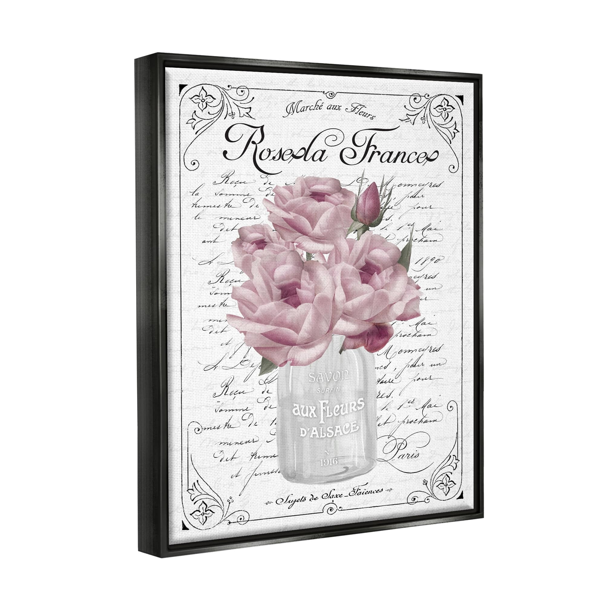 Stupell Industries Pink Roses Bouquet French Words Fancy Script Background Graphic Art Metallic Gold Floating Framed Canvas Print Wall Art, Design by Lettered and Lined
