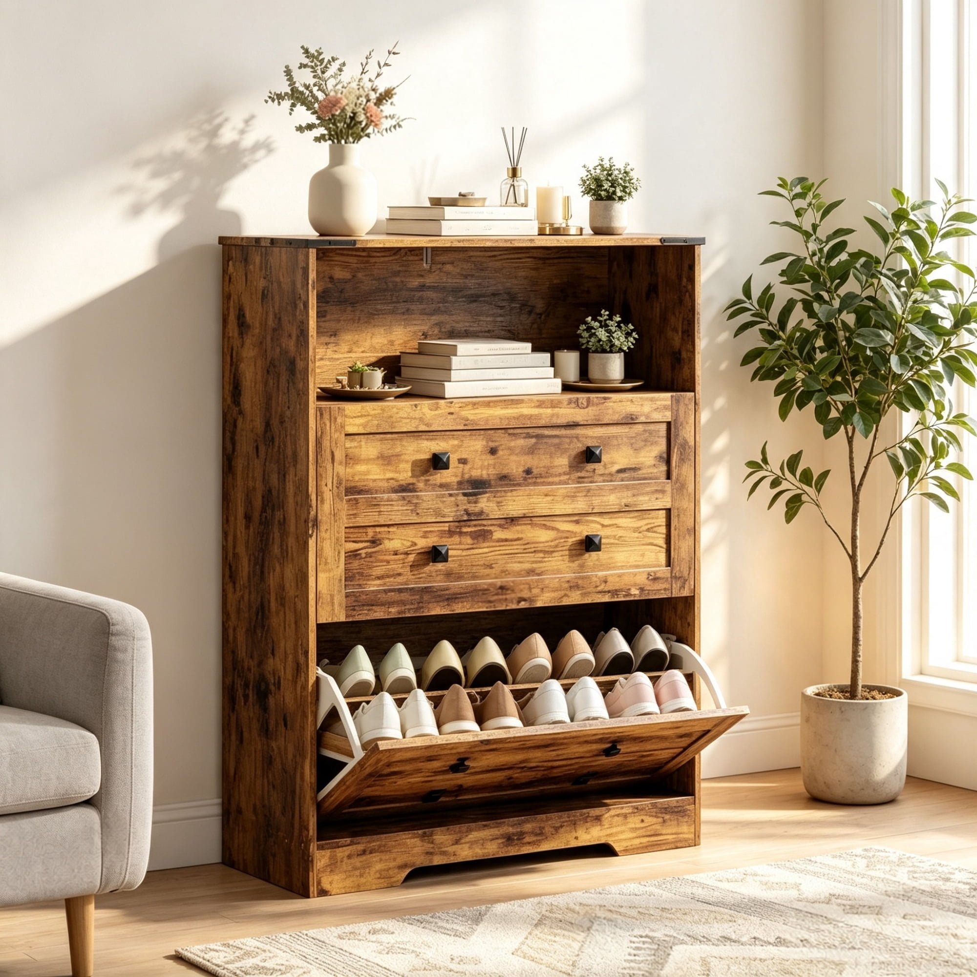 Narrow Shoe Storage Cabinet, 2 Flip Drawers Design, Space-Saving Shoe Rack, Rustic Brown